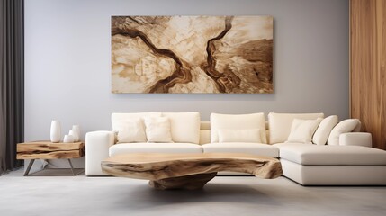 Fototapeta na wymiar cozy modern living room with a scandinavian influence showcases a rustic live edge table near a beige sofa, with a captivating art poster adding character