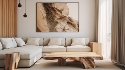 stylish modern living room with Scandinavian flair, where a rustic live edge table is placed near a comfortable beige sofa, accentuated by a captivating art poster