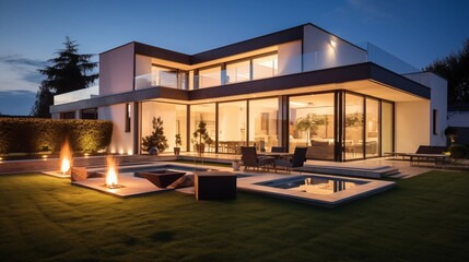 luxurious modern house exterior with evening lighting and a beautifully landscaped garden