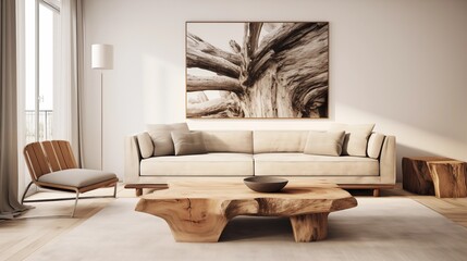 modern living room with Scandinavian design, complete with a rustic live edge table positioned beside a beige sofa and an eye-catching art poster