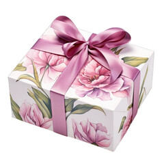 Gift box with peony pattern and ribbon isolated on transparent background