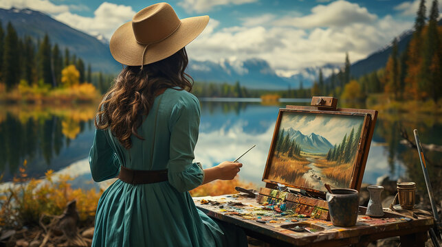 Artistry by the Lake: Creative Woman Painting Amidst Nature