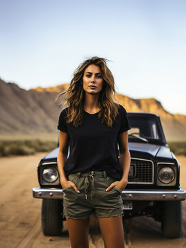 Stylish Woman Strikes a Pose in Front of Her Car