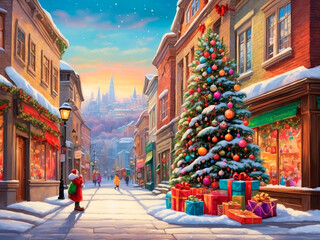 Obraz premium Bright Christmas tree on the street in cartoon style, people walking by, holiday feeling. Generative AI 
