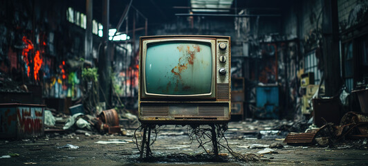 Time Capsule: Old Television Unearthed in Abandoned Factory - obrazy, fototapety, plakaty