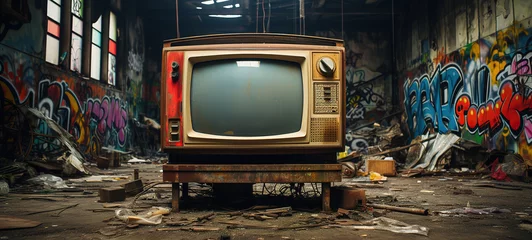 Foto op Plexiglas Time Capsule: Old Television Unearthed in Abandoned Factory © Milica
