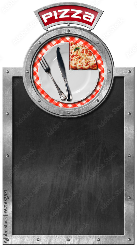 Poster template for a pizza menu. empty blackboard with metallic frame, slice of pizza, empty plate with si