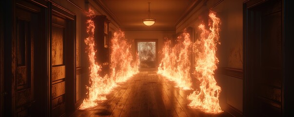 Blazing inferno in a hallway, Great for stories on crime, arson, firefighters and more. 