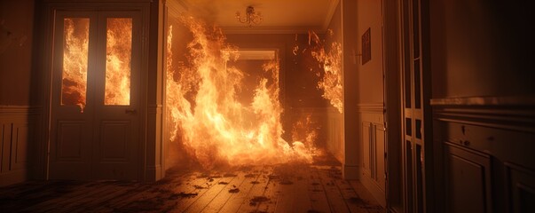Blazing inferno in a hallway, Great for stories on crime, arson, firefighters and more.  - obrazy, fototapety, plakaty