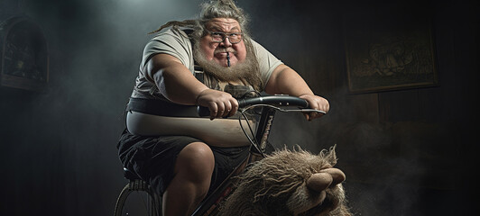 Determined Workout: Fat Man Giving His All on the Exercise Bike - obrazy, fototapety, plakaty