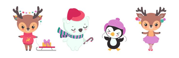 Kawaii Christmas animals vector cartoon characters. Fun sweet reindeer, little penguin, cute polar bear and adorable girl reindeer. Children illustration for print, book, winter greeting card.