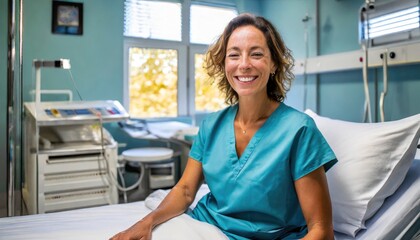 Fototapeta premium a portrait of a beautiful mature american adult woman patient in a clinic hospital room on a bed receiving good news. happy smiling woman