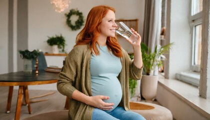  pregnant woman drinking a glass of water at home. Prenatal health and hydration  - obrazy, fototapety, plakaty