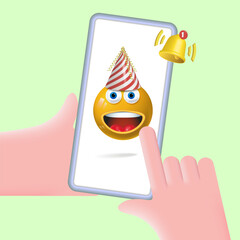 A new notification on your smartphone. The expression of a funny
 smiling face, a phone appearing.
Self-expression and emotions in various situations.
3d vector illustration.
