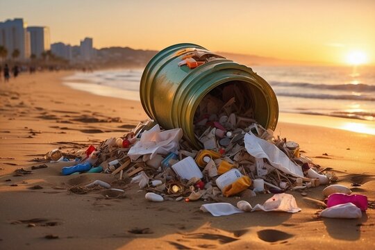 High detailed, colorful picture of a trash on the beach, with golden hour. 
