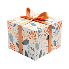 Gift box with leaves pattern and ribbon isolated on transparent background