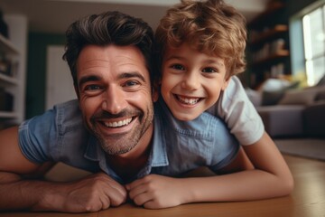 A joyful father and son share moments of love and play at home, illustrating the strong bond between parent and child. - Powered by Adobe