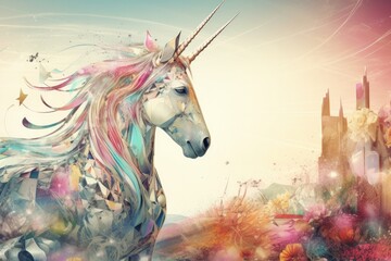 Obraz na płótnie Canvas A beautiful white unicorn with a colorful mane, capturing the essence of mythical beauty and fantasy.