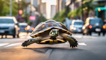 Turtle running extremely fast on busy city street