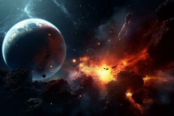 Space scene with nebula, planet, spaceship, and lava land. Generative AI
