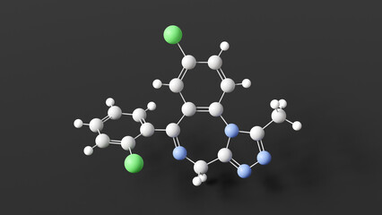 triazolam molecular structure, benzodiazepines, ball and stick 3d model, structural chemical formula with colored atoms