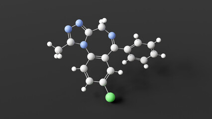 alprazolam molecular structure, benzodiazepines, ball and stick 3d model, structural chemical formula with colored atoms