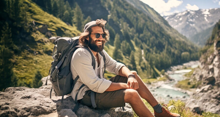 Hombre excursionista sentado en una roca en la montaña sonriendo - obrazy, fototapety, plakaty