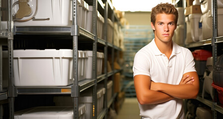 Hombre  mecanico Joven mirando al frente de mediana edad de pie de brazos cruzados en un almacén con estanterias con cajas