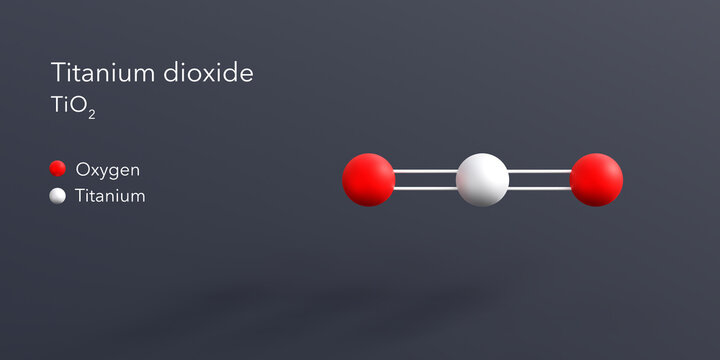 titanium dioxide molecule 3d rendering, flat molecular structure with chemical formula and atoms color coding