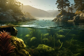 Underwater ecosystem with abundant kelp and immense seaweed. Generative AI - obrazy, fototapety, plakaty