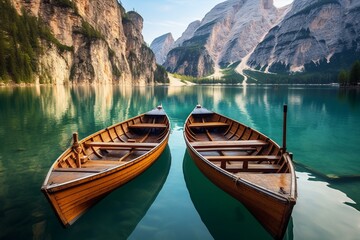 Scenic lake with boats amidst Dolomite mountains. Generative AI