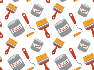 seamless pattern with paint cans, brush and roller for painting walls. Vector illustration of a continuing pattern, for wallpaper, textile, wrapping paper.