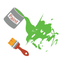 Spilled green paint from a tin labeled Paint is next to the fifth coat of paint. cool illustration. Paint is pouring from a can.