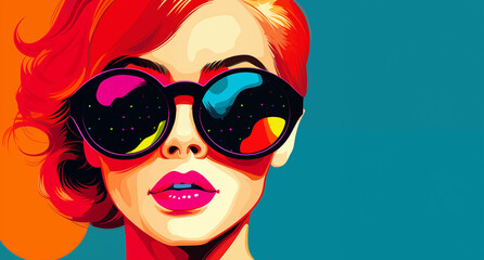 Flat illustration of fashion red hair woman wearing sunglasses, closeup portrait, Vibrant Pop Art Fusion - obrazy, fototapety, plakaty