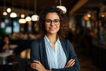 Portrait of a beautiful confident businesswoman smiling and crossed arm in a modern office.For business, marketing, advertising concept. Generative AI