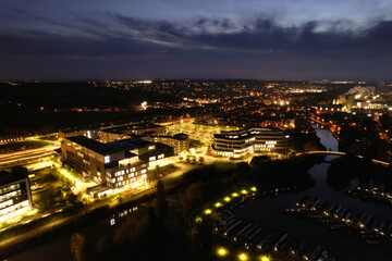 Fototapeta na wymiar Gorgeous High Angle View of Illuminated British City at Just After Sunset