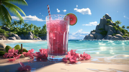 A glass of exotic fruit cocktail on the table against the backdrop of a tropical beach - obrazy, fototapety, plakaty