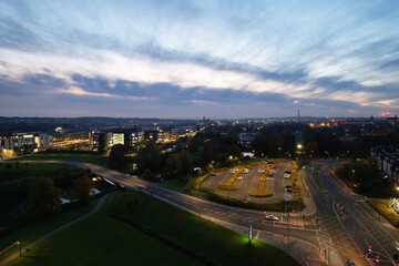 Gorgeous High Angle View of Illuminated British City at Just After Sunset