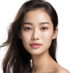 Fototapeta premium Portrait of beautiful asian woman with perfect skin on white background. Model studio shoot, facial treatment, Cosmetology.