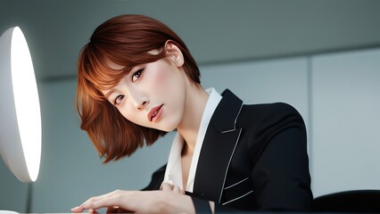 注目を集めるショートヘアの女性(職場の美人モデル)