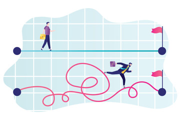 Simple and hard ways to goals. Short and long way to success in business. Two businessmen walking straight and tangled roads. Business competition. F
