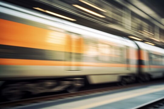 Image of fast-moving train with a blurred effect. Generative AI
