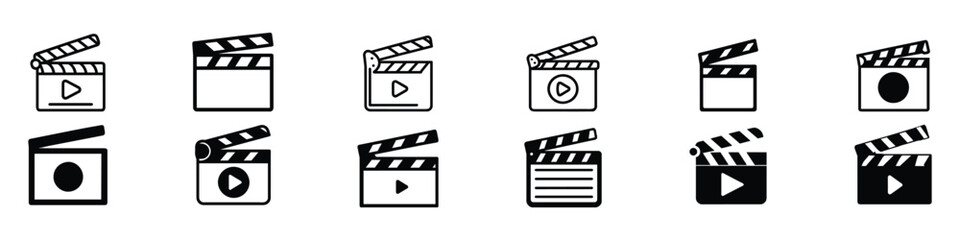 Movie clapper board icon, Clapper board icon with button player in flat style. Clapperboard Vector Illustration. Movie Film clapper board. Filmmaking or video playing icon, video player button. - obrazy, fototapety, plakaty