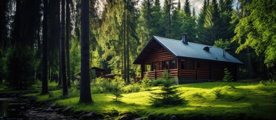 Wooden cabin surrounded by a summery woodland