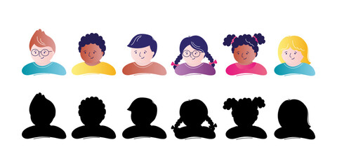 Collection of kids faces and black silhouettes. Set of multicultural children or teenagers avatars. Schoolboys and schoolgirls with various hairstyles.