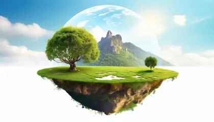 Stoff pro Meter 3d landscape with green grass surface, waterfall and trees, mountains. Earth globe isolated below the island. © CreativeStock
