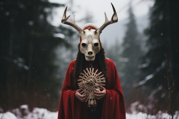 Shaman wearing in horn animal skull and red cloak on blurred winter landscape. Mystical ritual of death. Sacred objects for ancient pagan rites. Slavic or Scandinavian culture ritual