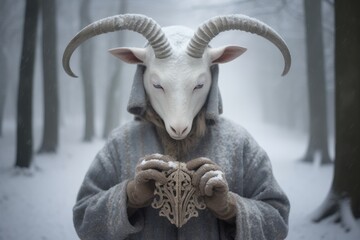 Shaman wearing in horn goat mask and gray dress on blurred winter landscape. Mystical ritual of death. Sacred objects for ancient pagan rites. Slavic or Scandinavian culture ritual - obrazy, fototapety, plakaty