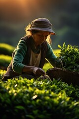 A woman harvests tea leaves at a tea plantation
