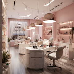 Pink interior of a luxury beauty salon. Generative AI